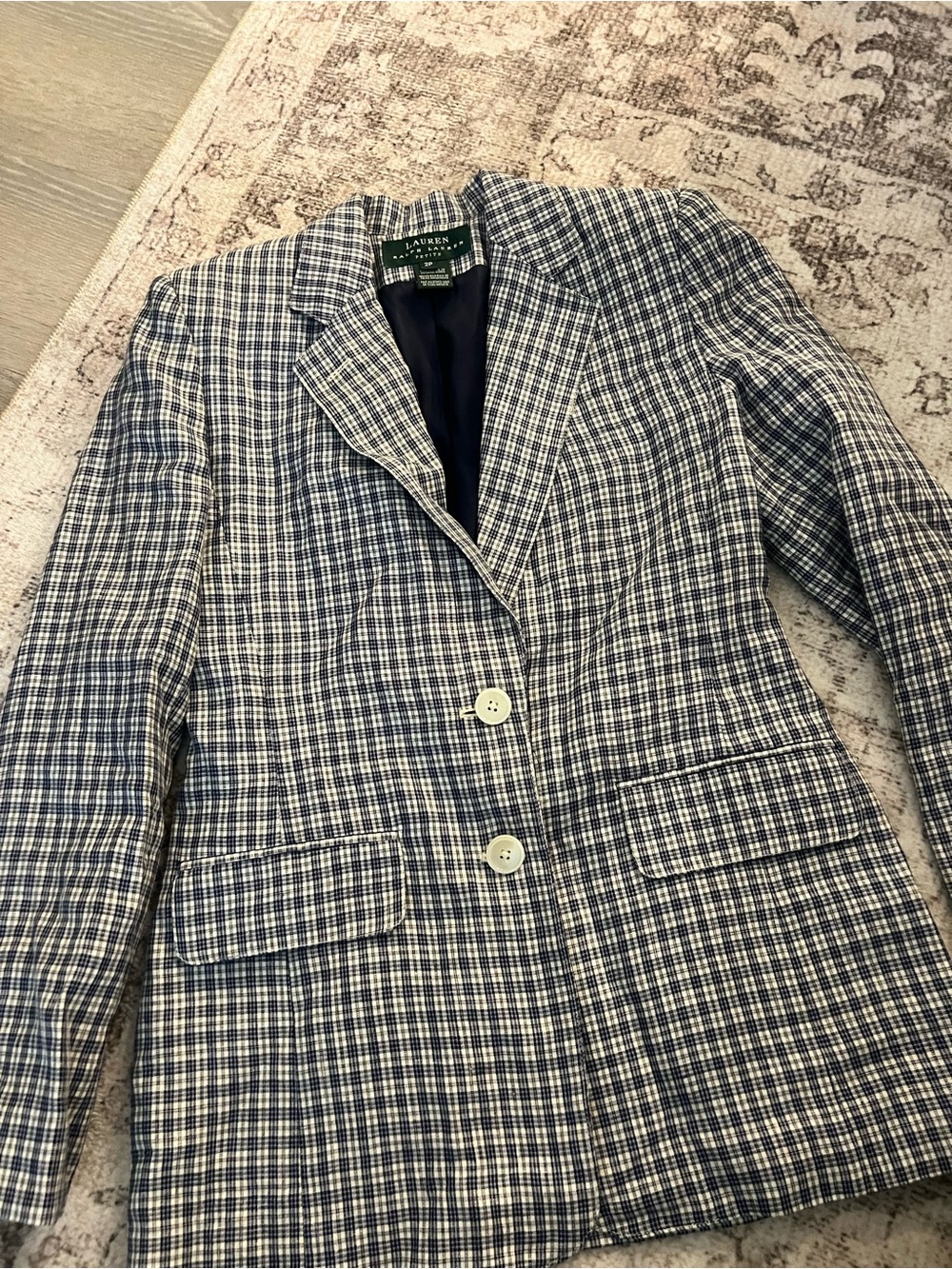 Ralph Lauren Navy and White Checked Single-Breasted Blazer